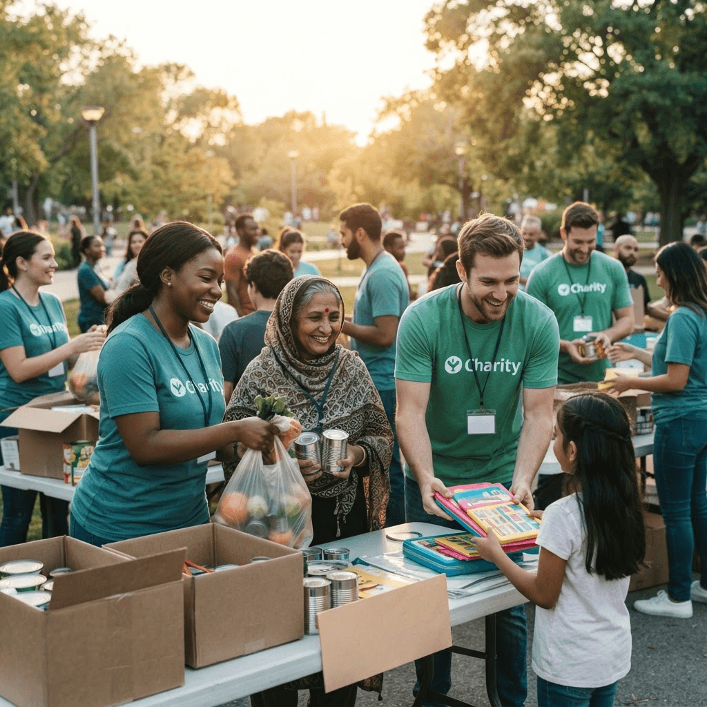 Volunteers working together at a community charity event